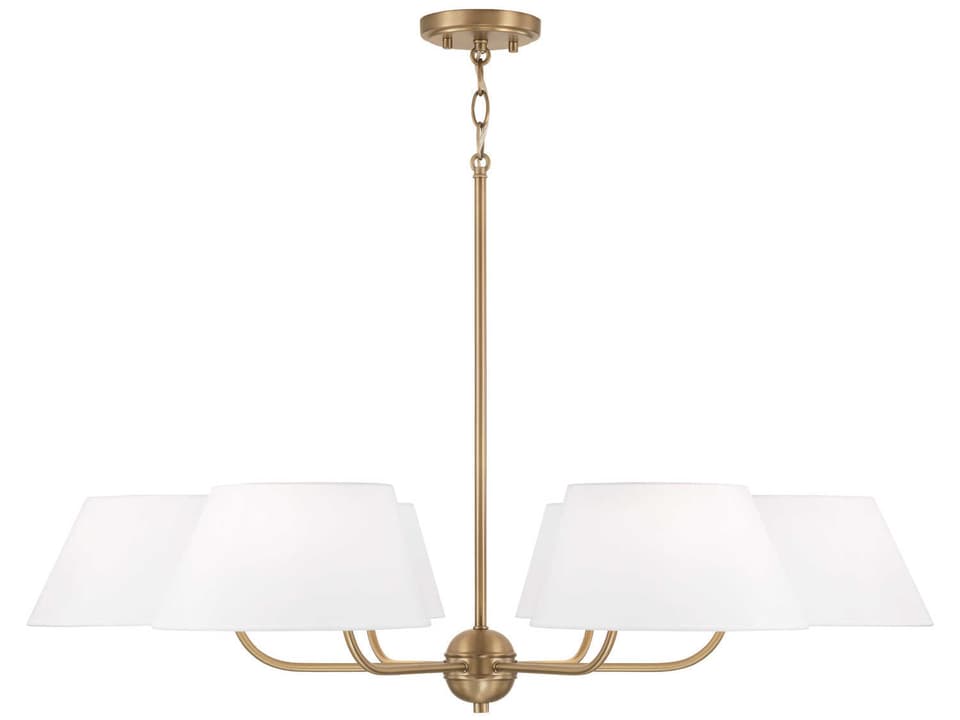 6-Light Welsley Chandelier in Aged Brass with White Fabric Shades