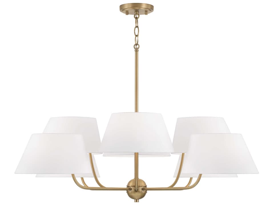 8-Light Welsley Chandelier in Aged Brass with White Fabric Shades