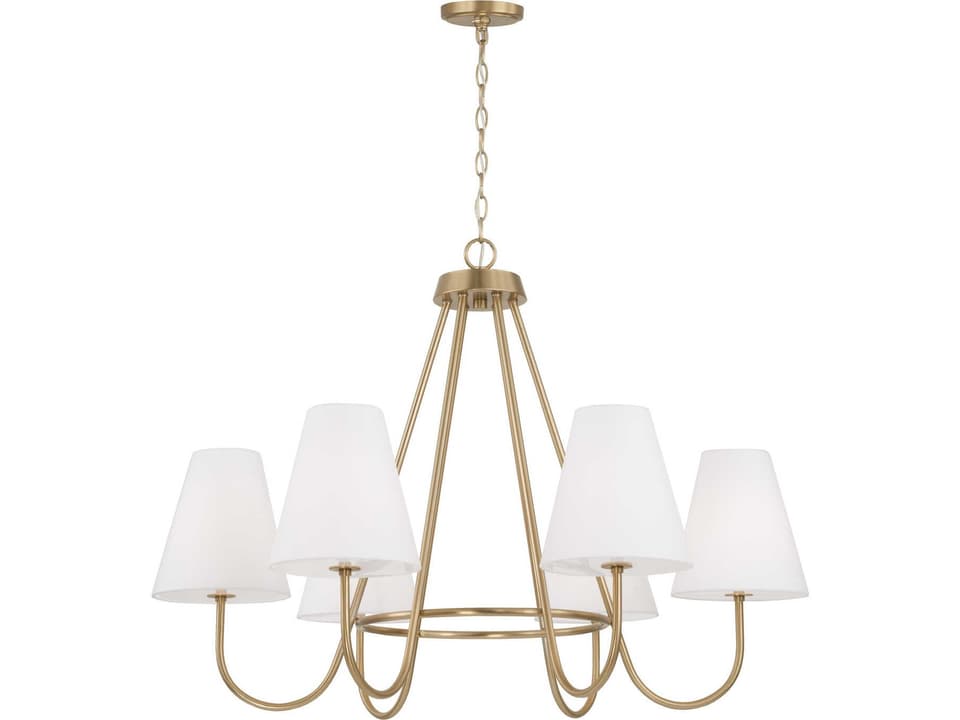 6-Light Julia Chandelier in Matte Brass with White Fabric Shades