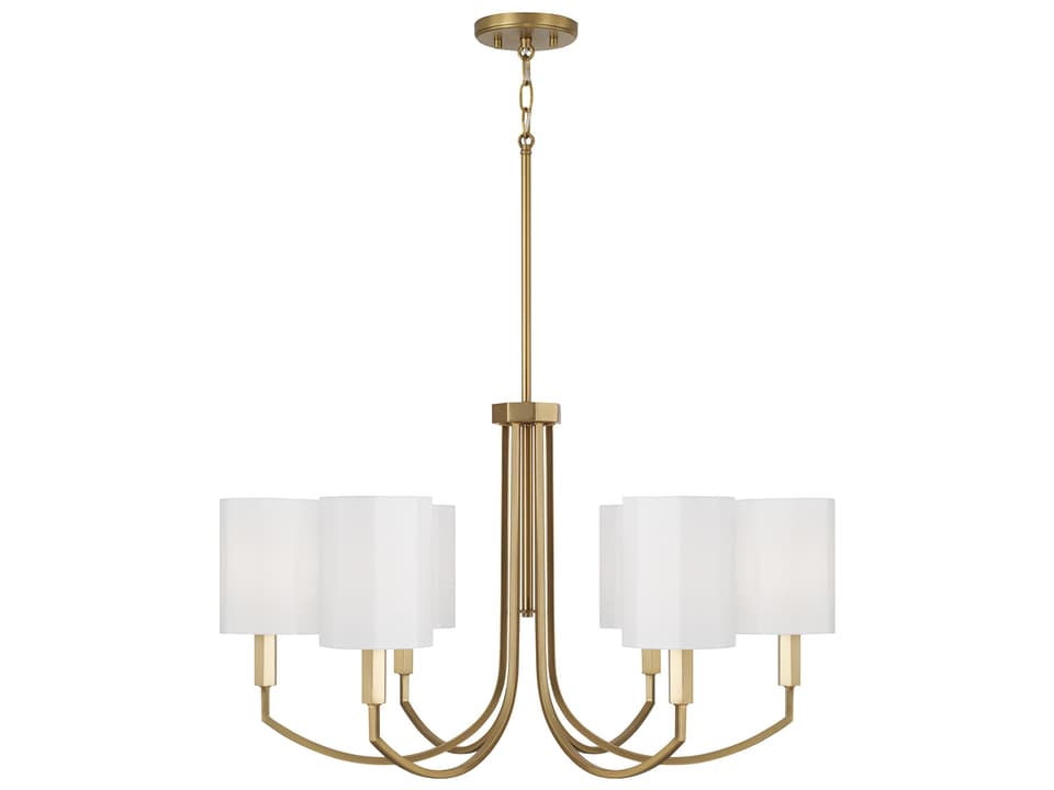 Adrian 6-Light Chandelier in Aged Brass with White Fabric Shades