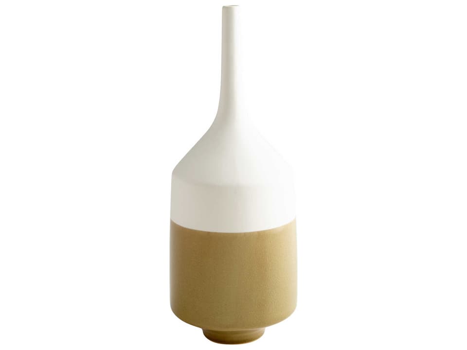 Groove Line Large Ceramic Vase in White and Olive Crackle