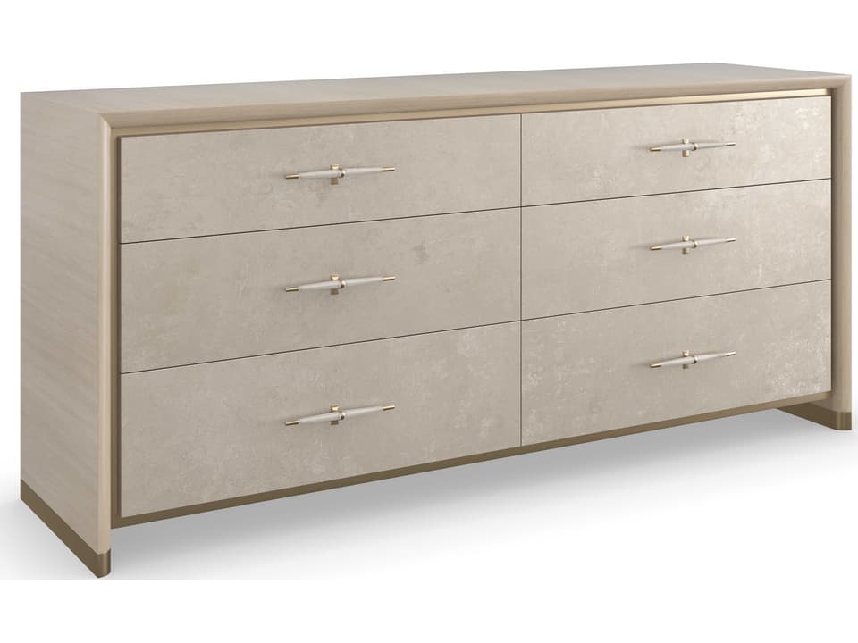 Caracole Simply Perfect 6-Drawer Dresser  Ivory Faux Shagreen with Gold  Hardware | LuxeDecor