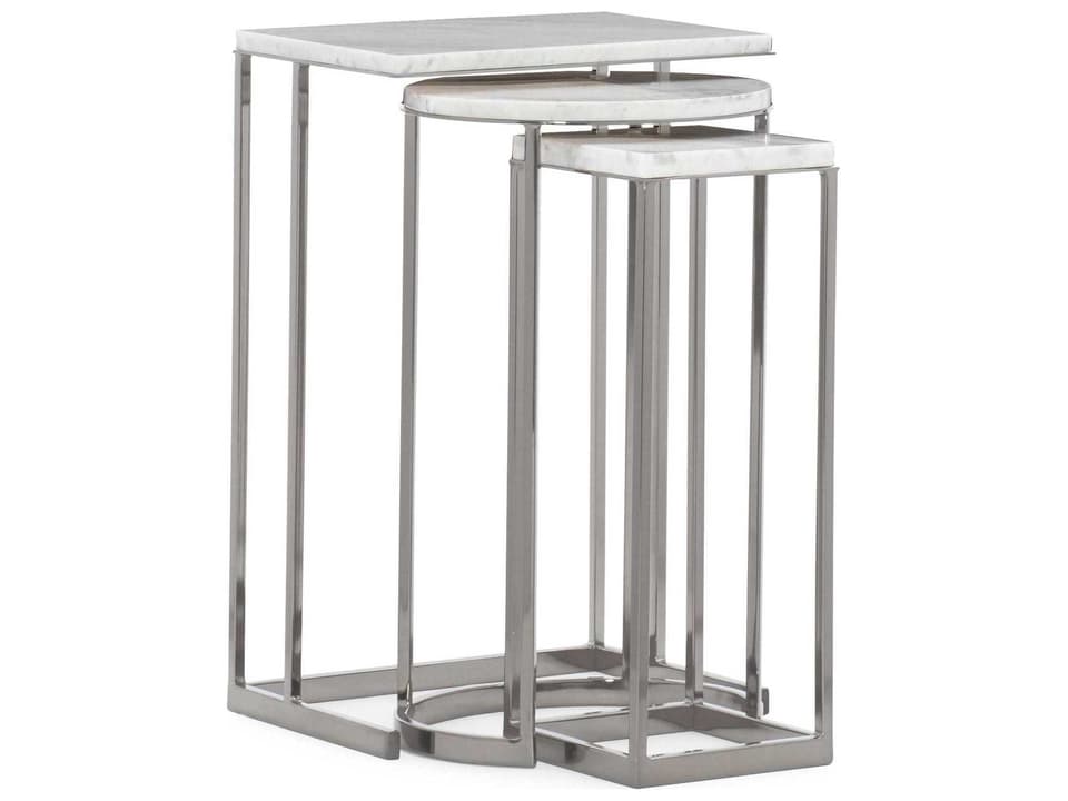 Modern Expressions Exposition Nesting End Tables in Plated Nickel and Carrera Marble