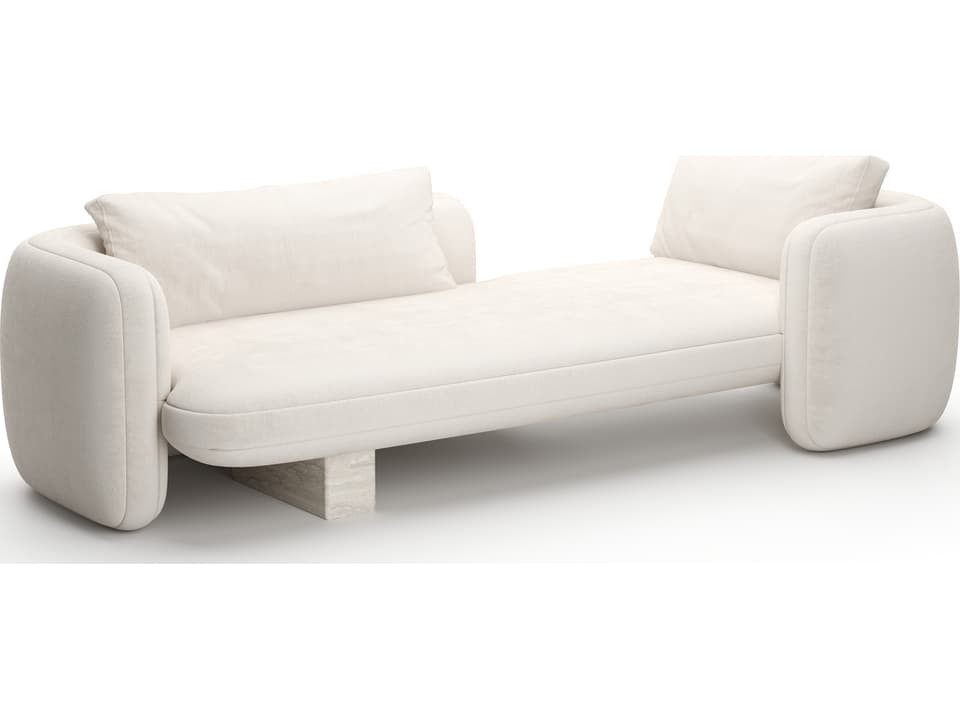 Overlap Ecru Linen Chaise Lounge with Travertine Base
