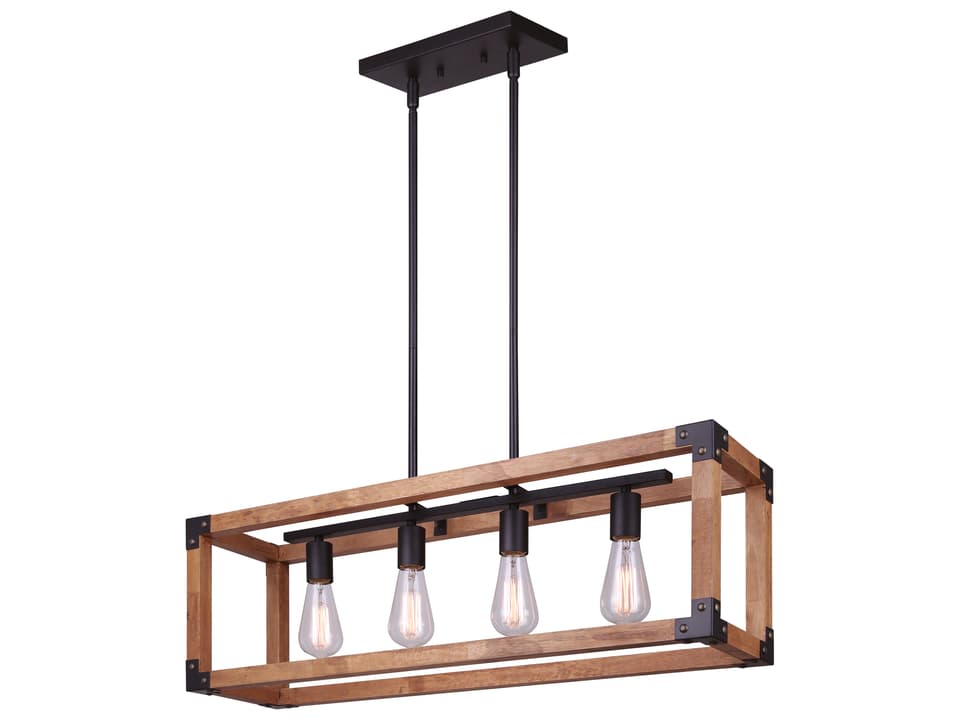 4-Light Moss Chandelier in Matte Black and Real Wood