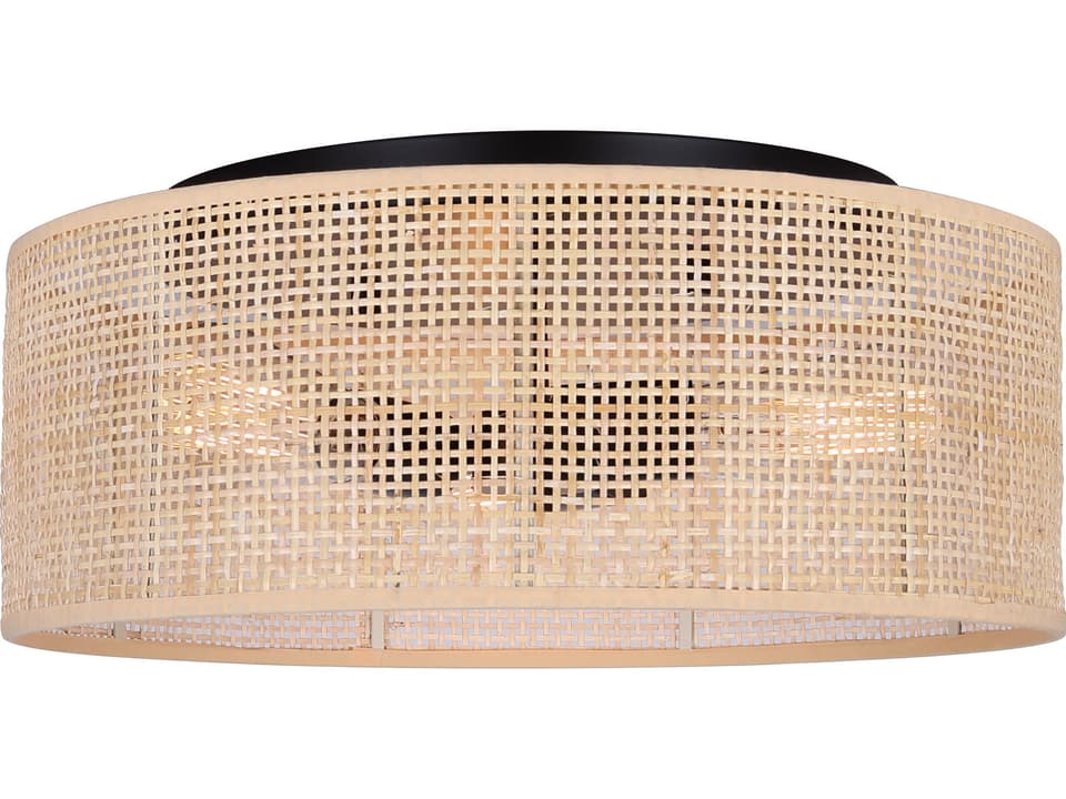 Bellamy 3-Light Flush Mount Ceiling Light in Black with Natural Rattan Shade