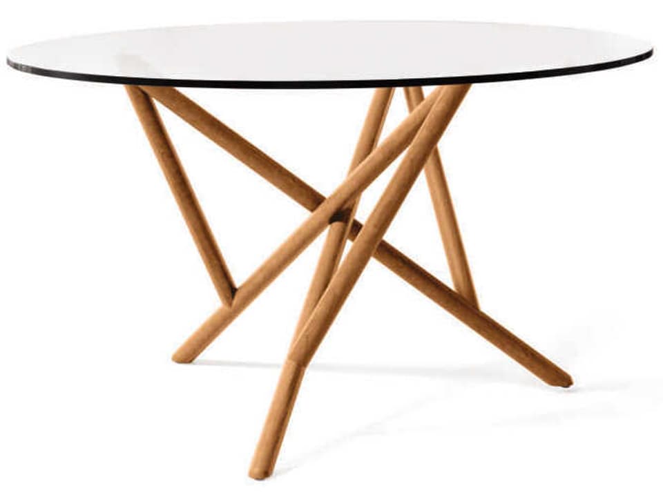 Baton 54-Inch Round Dining Table with Glass Top and Solid Wood Base