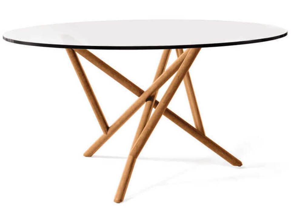 Baton 60-Inch Round Glass Top Dining Table in Natural Walnut