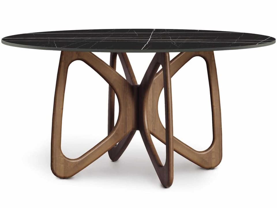 Butterfly 60-Inch Round Dining Table in Natural Walnut with Macchia Vecchia Stone Top