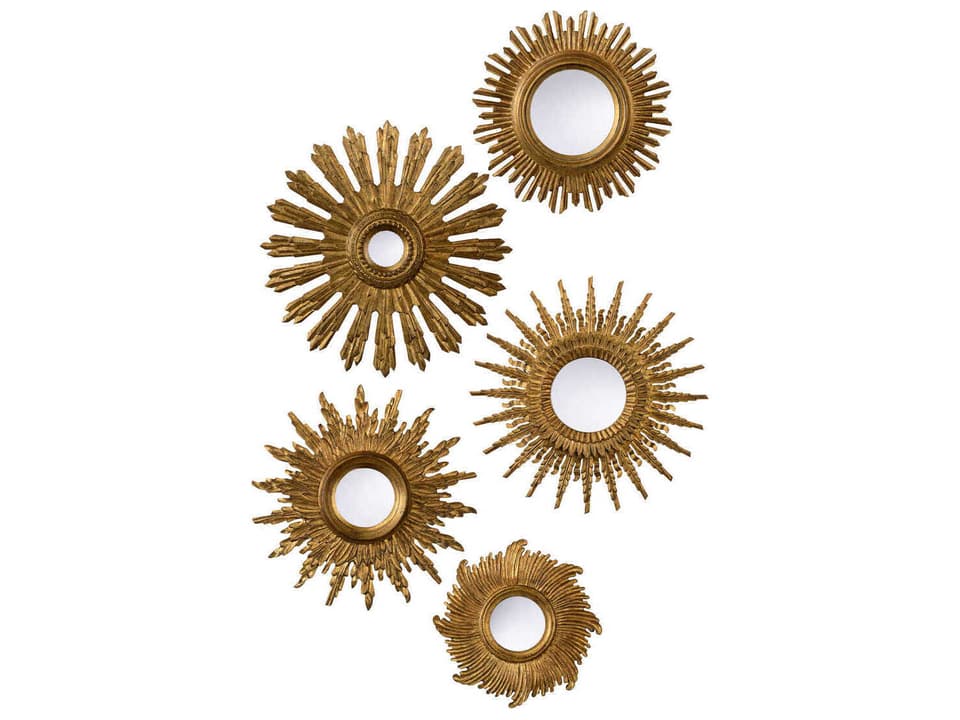 Set of Five Gold Starburst Wall Mirrors with Wood Frames