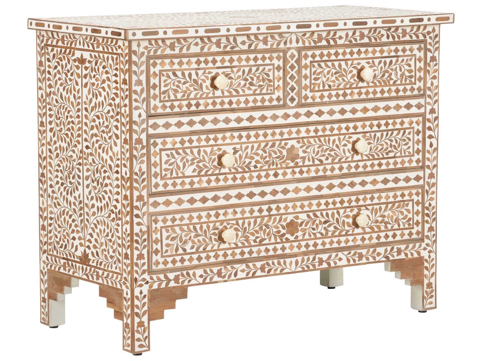 Zara Chest Teak Wood Inlay with White Floral Detail