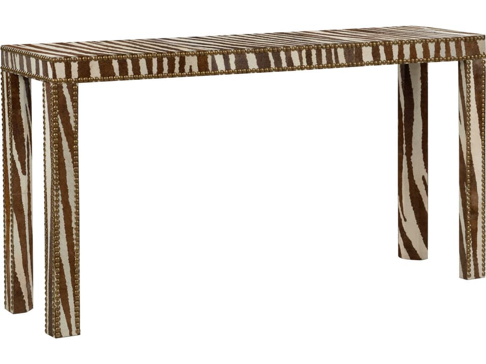 Rectangular Zebra Print Leather Console Table with Brass Nailhead Trim