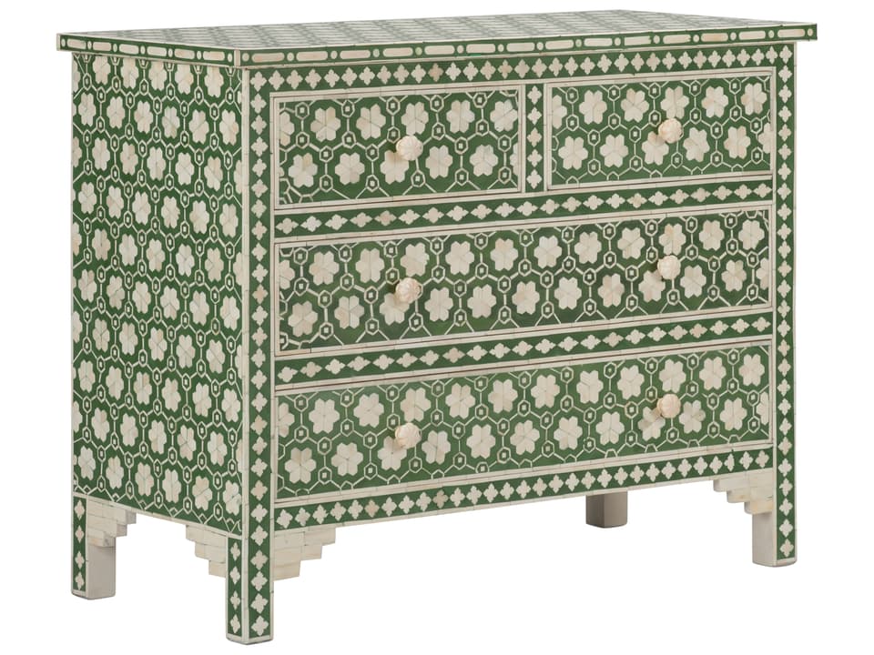 Clark 4-Drawer Inlaid Chest in Green and White Cream