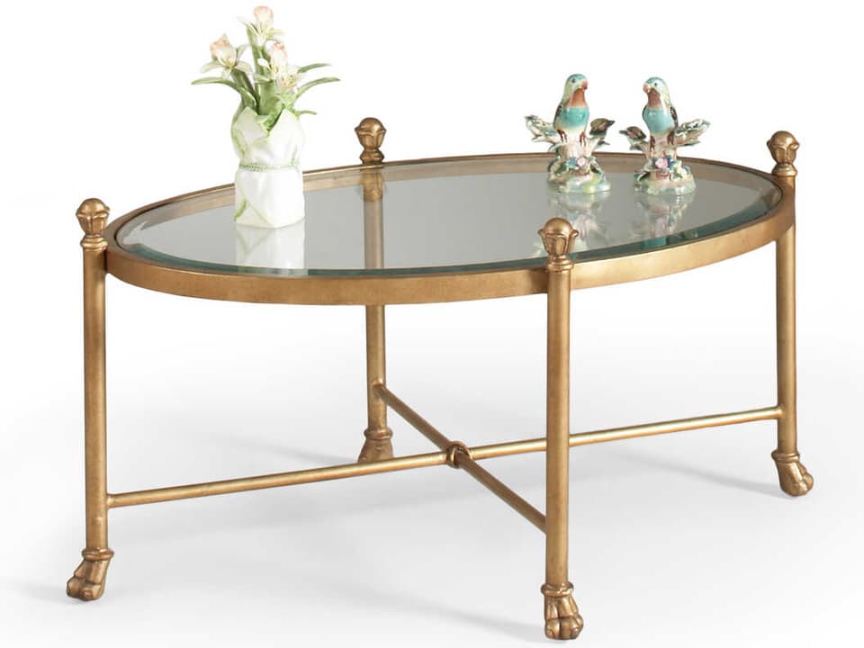 Gordon Oval Coffee Table with Antique Gold Base and Glass Top