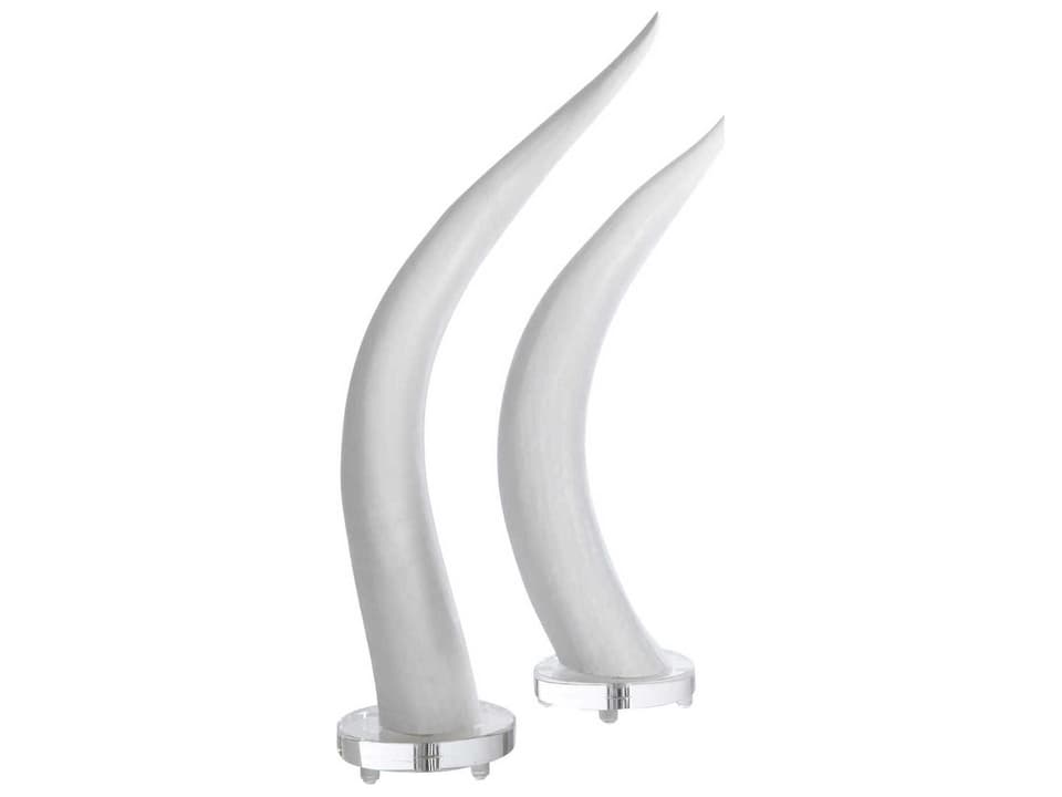 Bill Cain White Composite Horn Sculptures with Crystal Base Set