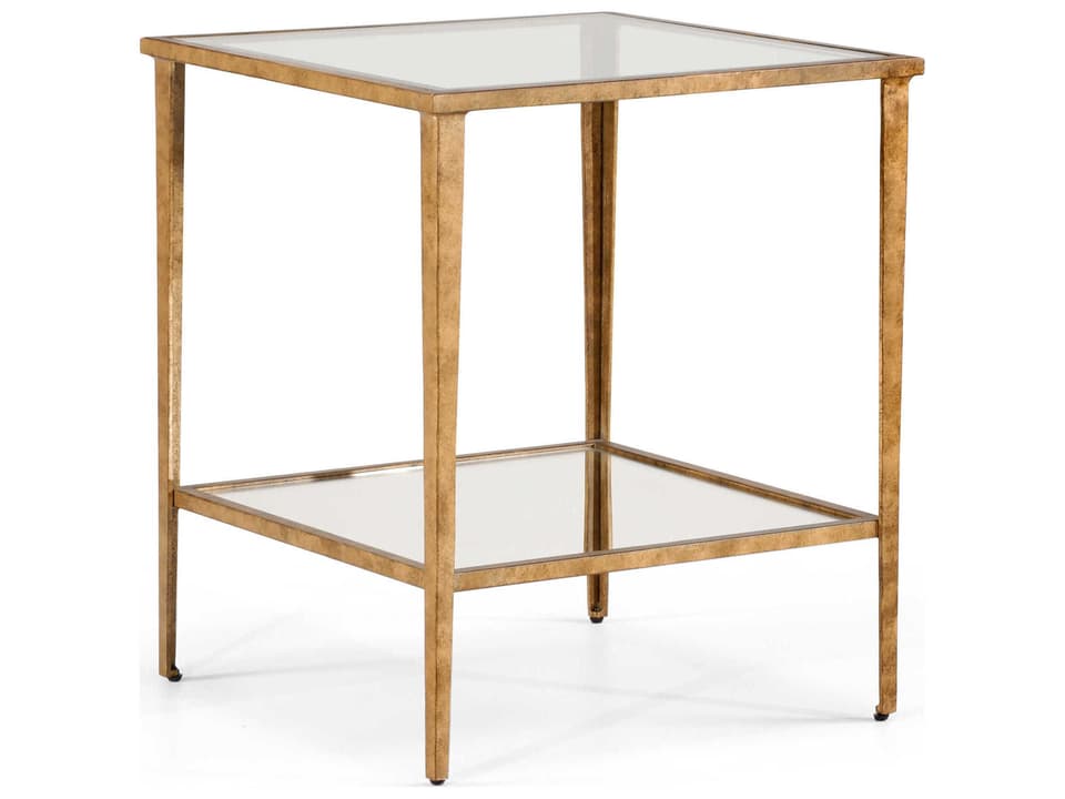 Carson Square End Table in Gold with Glass Top and Mirrored Shelf