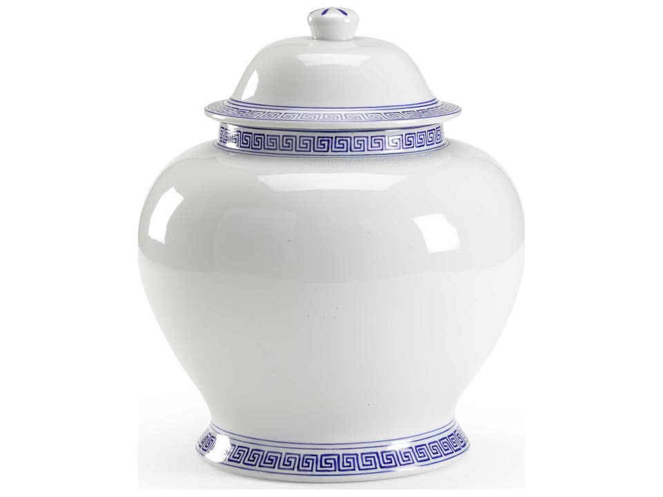Greek Key Covered Urn Hand Decorated Porcelain Blue and White