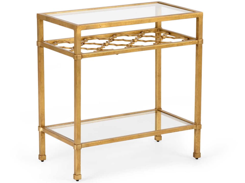 Pacific Coast Rectangle End Table with Glass Shelves in Antique Gold