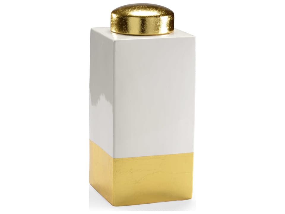 Claire Bell Rachel Square Vase White Glazed Ceramic with Gold Leaf Trim
