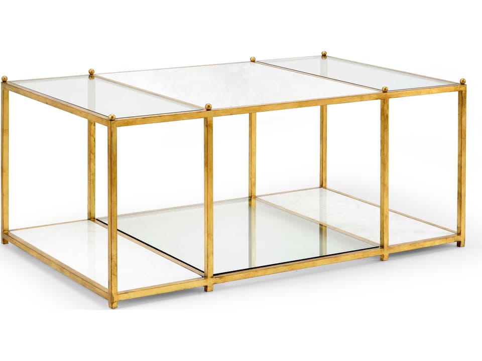 Directoire Stripe Coffee Table with Marble and Glass Shelves in Antique Gold Leaf Iron