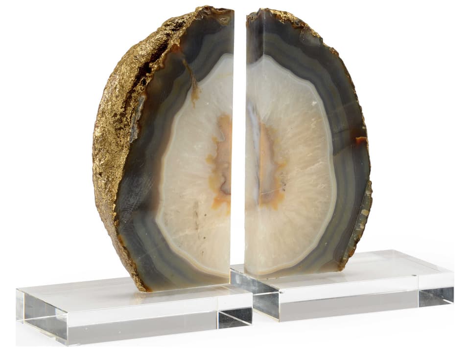 Geode Bookends Pair with Natural Agate and Crystal Base Gold