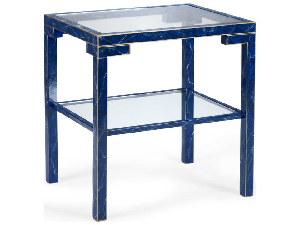 Decker Lapis Blue Lacquered Wood Side Table with Gold Trim