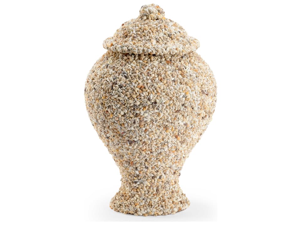 Shell Covered Decorative Urn with Individually Applied Nassa Shells