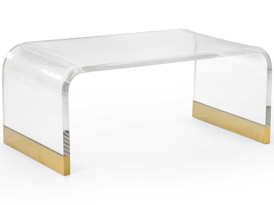 Waterfall Coffee Table with Clear Acrylic and Antique Brass Feet