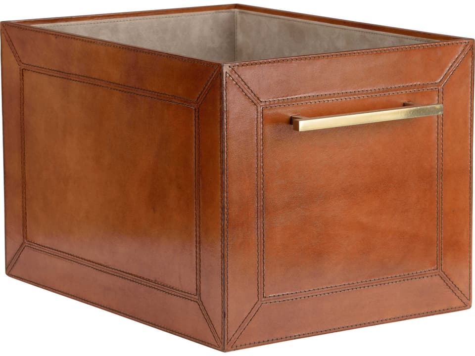 Leather Storage Cube in Cognac with Gold Metal Handles