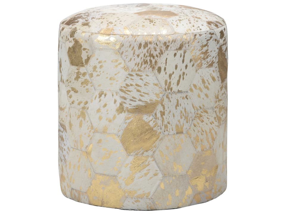 Lux Genuine Leather Hair on Hide Pouf in Gold and White