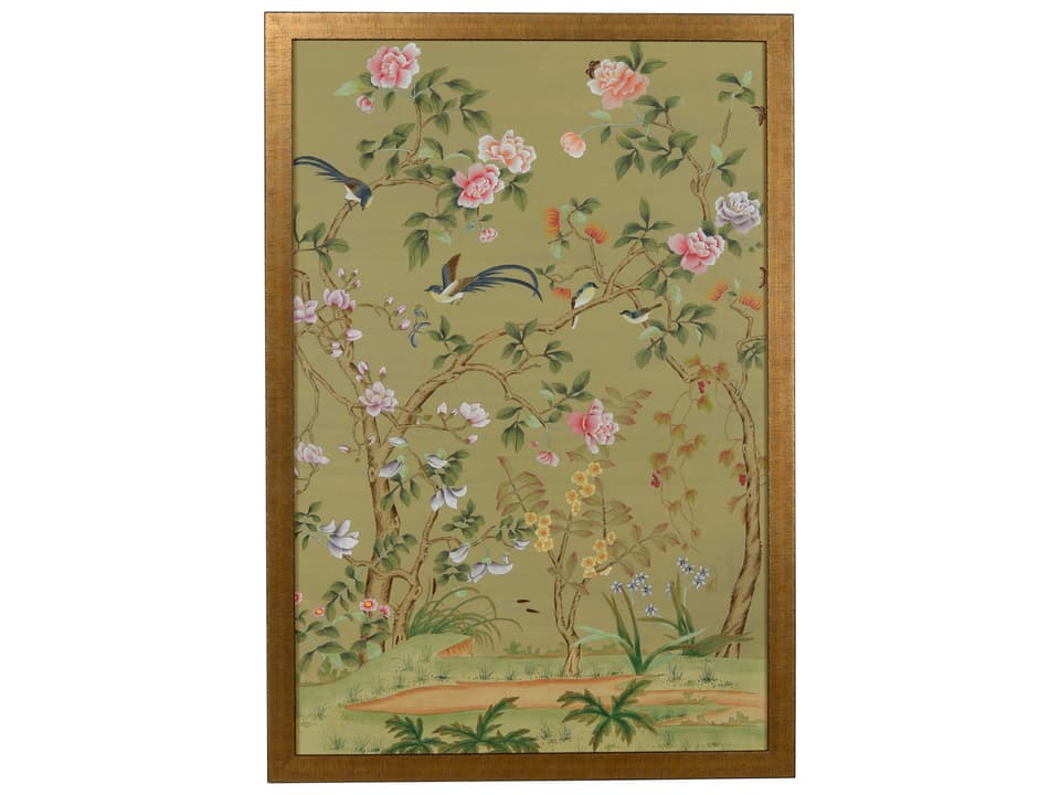 Edgedale Panel Green B Watercolor On Silk Wall Art with Gold Frame
