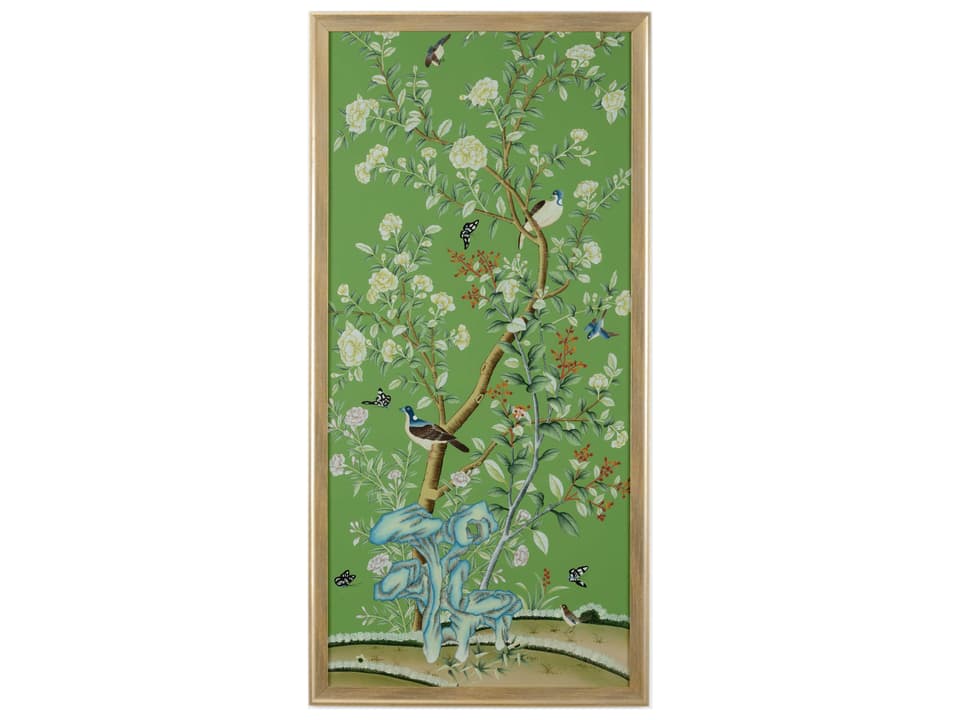 Regent Park in Green II Hand Painted Silk Art with Gold Frame