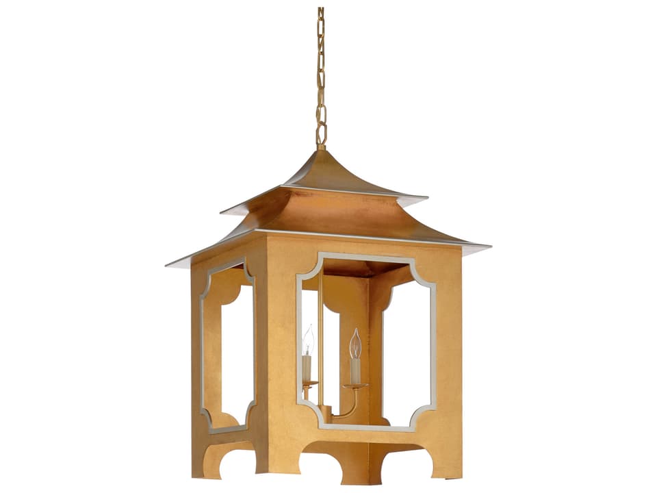 Claire Bell 3-Light Tole Pagoda Lantern Pendant Light in Antique Gold Leaf and Silver