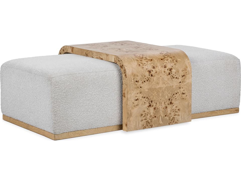 Kenan Upholstered Fabric Cocktail Coffee Table in Creamy Ivory with Burl Wood Accents