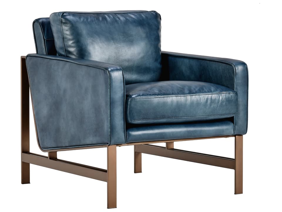 Chazzie Top Grain Leather Accent Chair in Ocean Blue with Brass Base