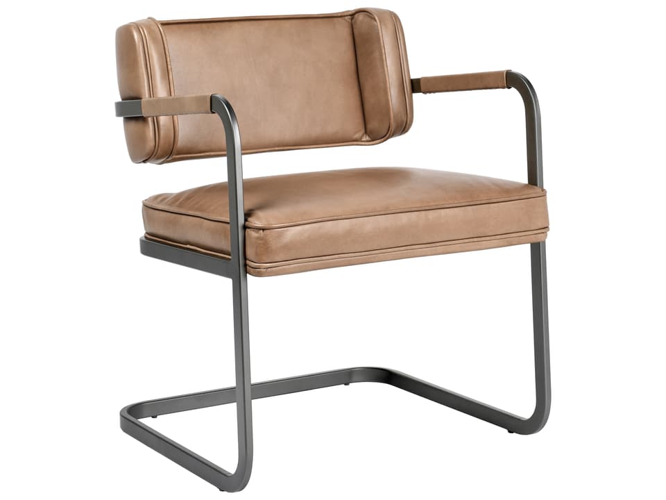 Fonda Upholstered Dining Armchair in Tan Top Grain Leather and Iron