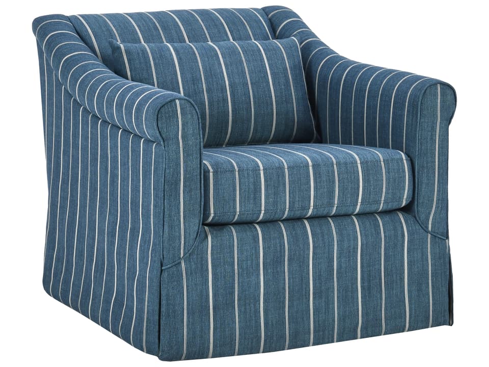 Lana Upholstered Swivel Accent Chair in Blue and Beige Stripe