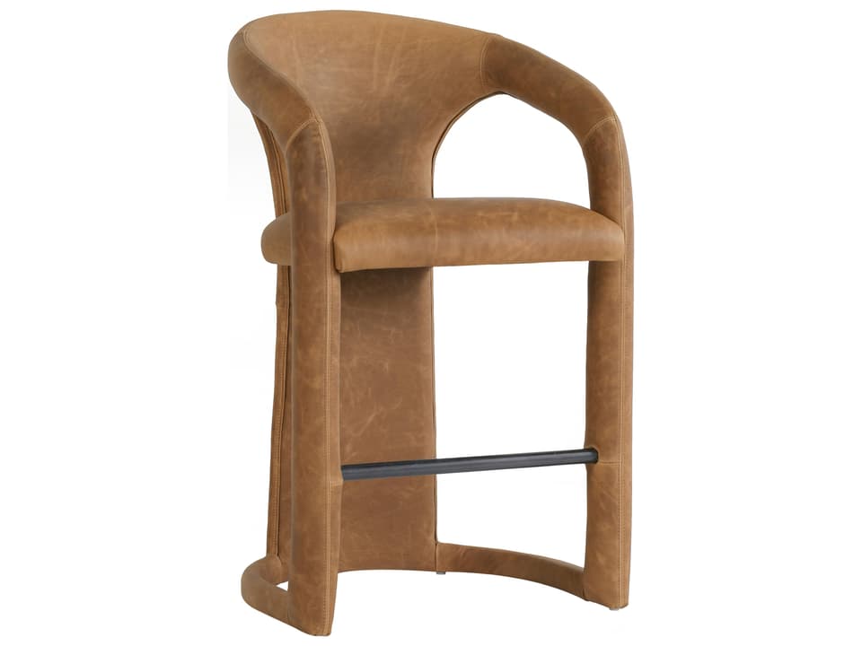 Archie Upholstered Distressed Leather Counter Stool in Maple Brown