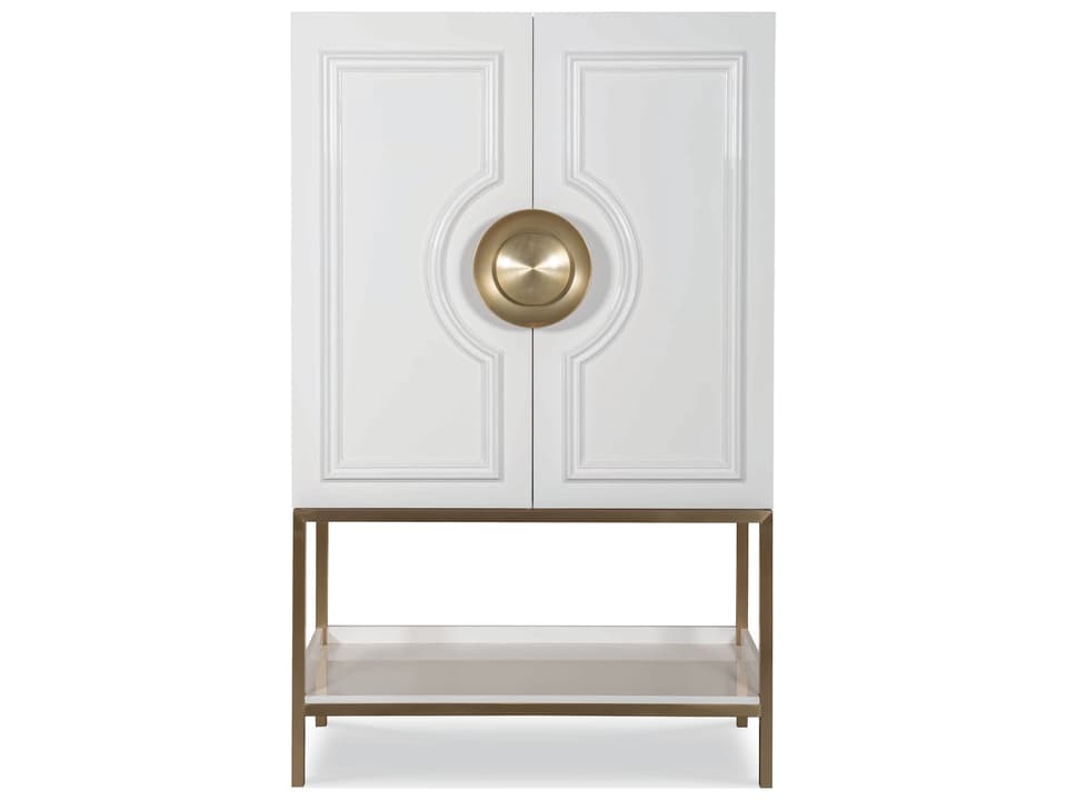 Cadence White Lacquer Bar Cabinet with Antique Brass Accents
