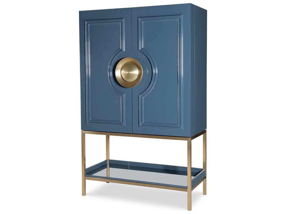 Cadence Blue Lacquer Bar Cabinet with Antique Brass Accents