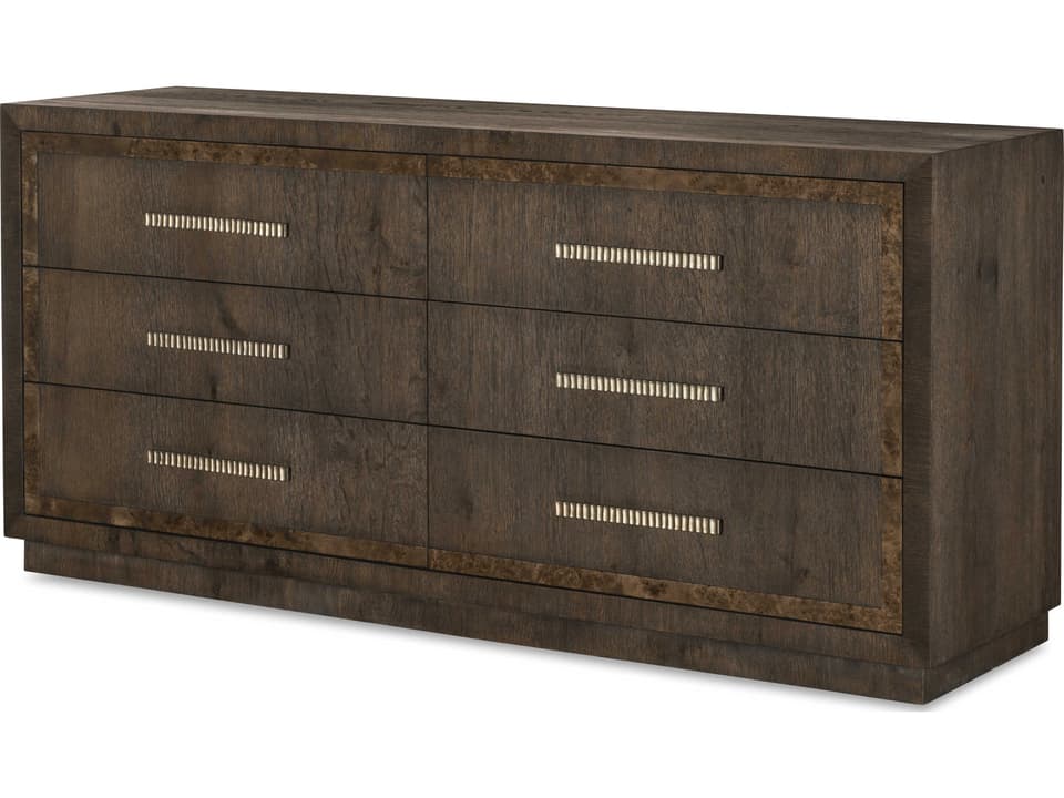 Interlude Home Holmes 6-Drawer Double Dresser  Brown Oak Rattan Fronts |  LuxeDecor