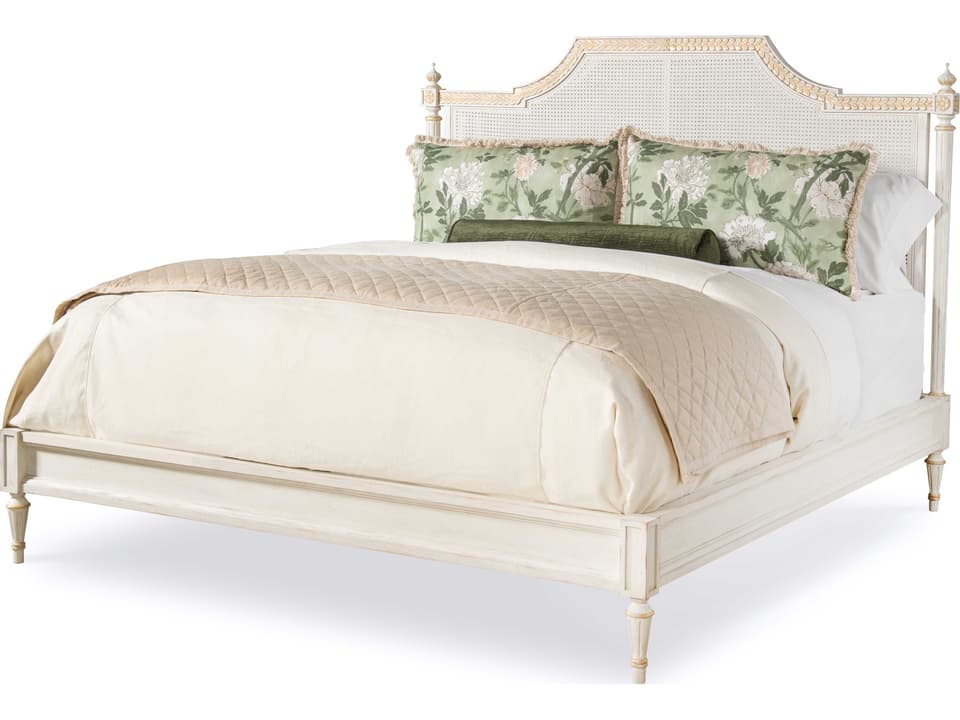 Emily King Bed with Cane Headboard in Whitewash and Gold
