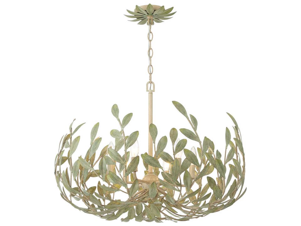 6-Light Broche Chandelier in Champagne Green Tea with Hand-Painted Leaves