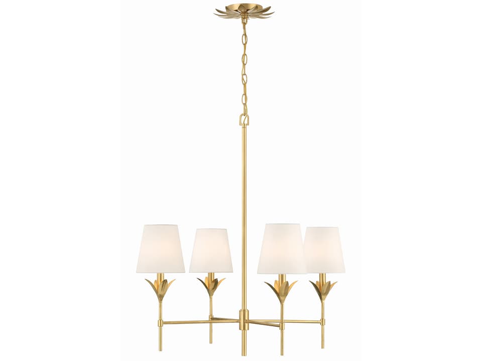 4-Light Broche Chandelier with White Linen Shades in Antique Gold