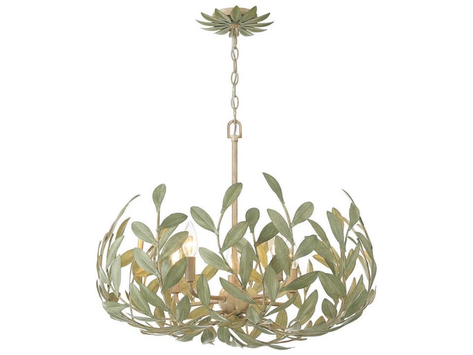 Broche 5-Light Chandelier in Champagne Green Tea with Hand Painted Leaves