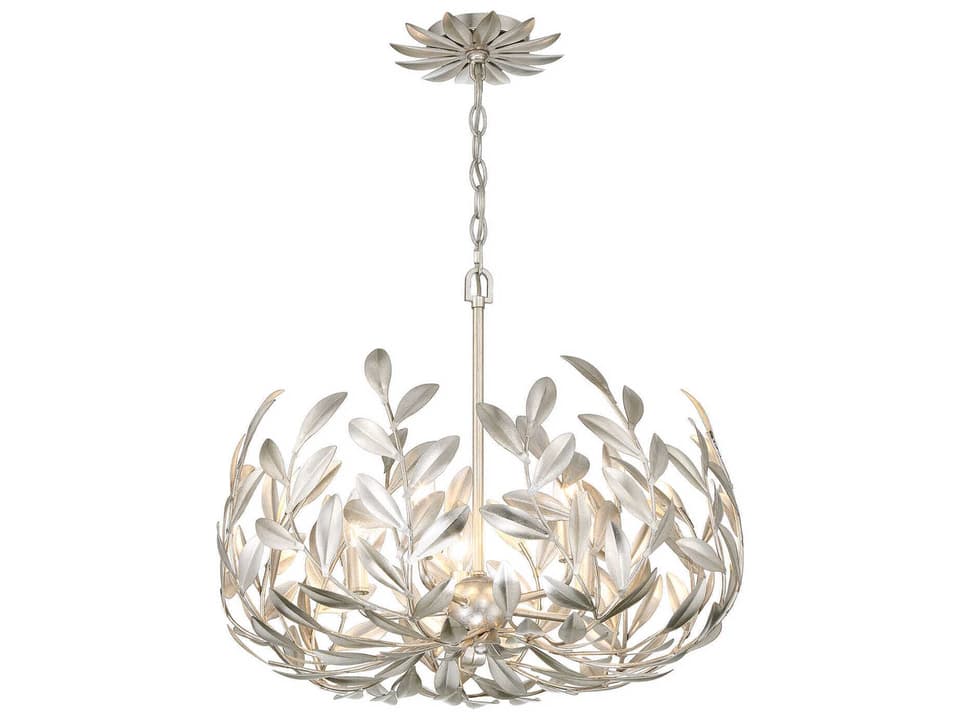 5-Light Broche Chandelier in Antique Silver with Hand-Painted Leaves