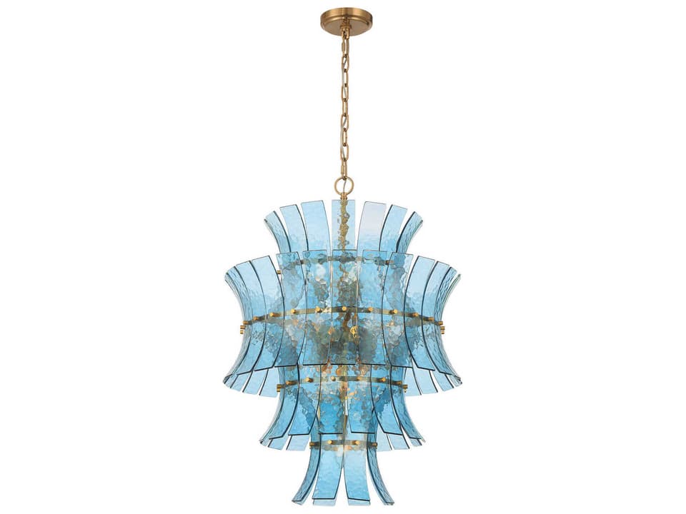 Abigail 13-Light Chandelier with Blue Curved Glass in Aged Brass