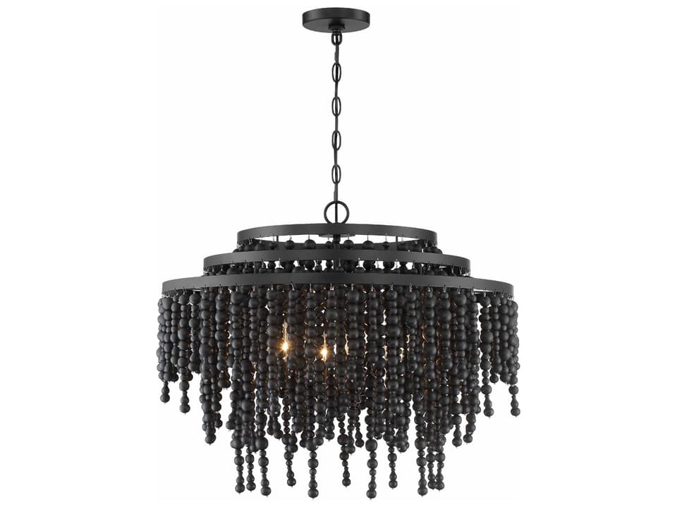 6-Light Poppy Chandelier with Black Wood Beads in Matte Black