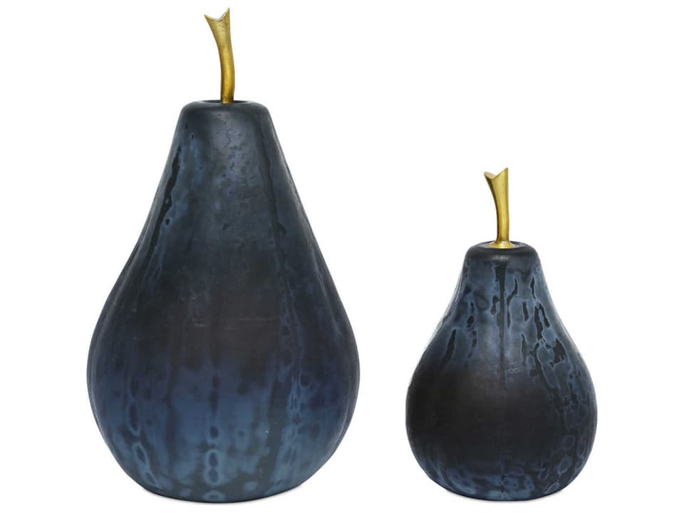 Glass Pear Decorative Object Set in Dark Blue and Brass