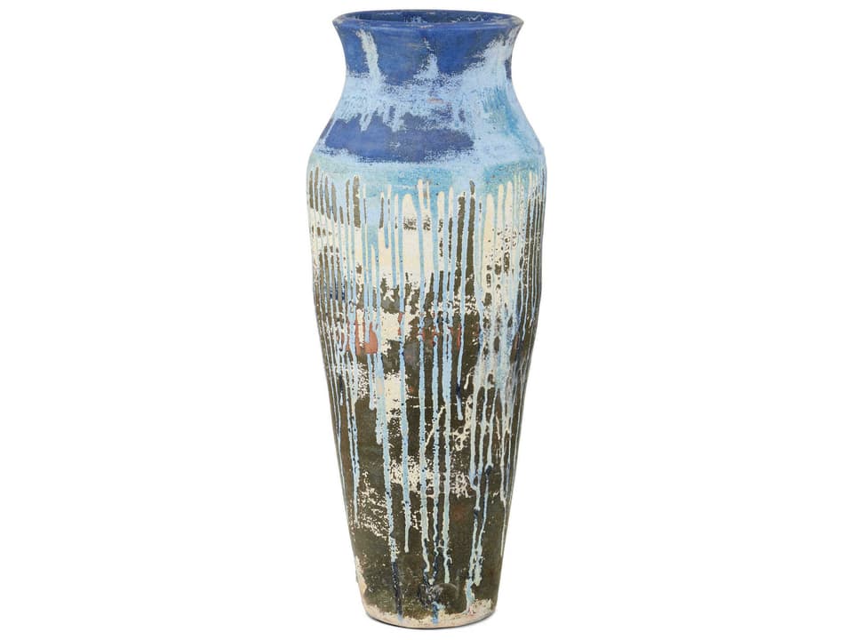 Currey and Company Capizzi Urn Antique White with Blue Drip